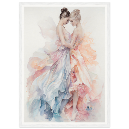 Watercolor painting of two ballet dancers in flowing, pastel-colored dresses.