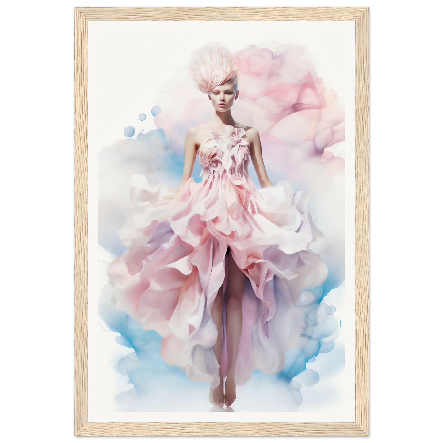 Ethereal figure in a flowing pink and white dress with a delicate, dreamlike quality.