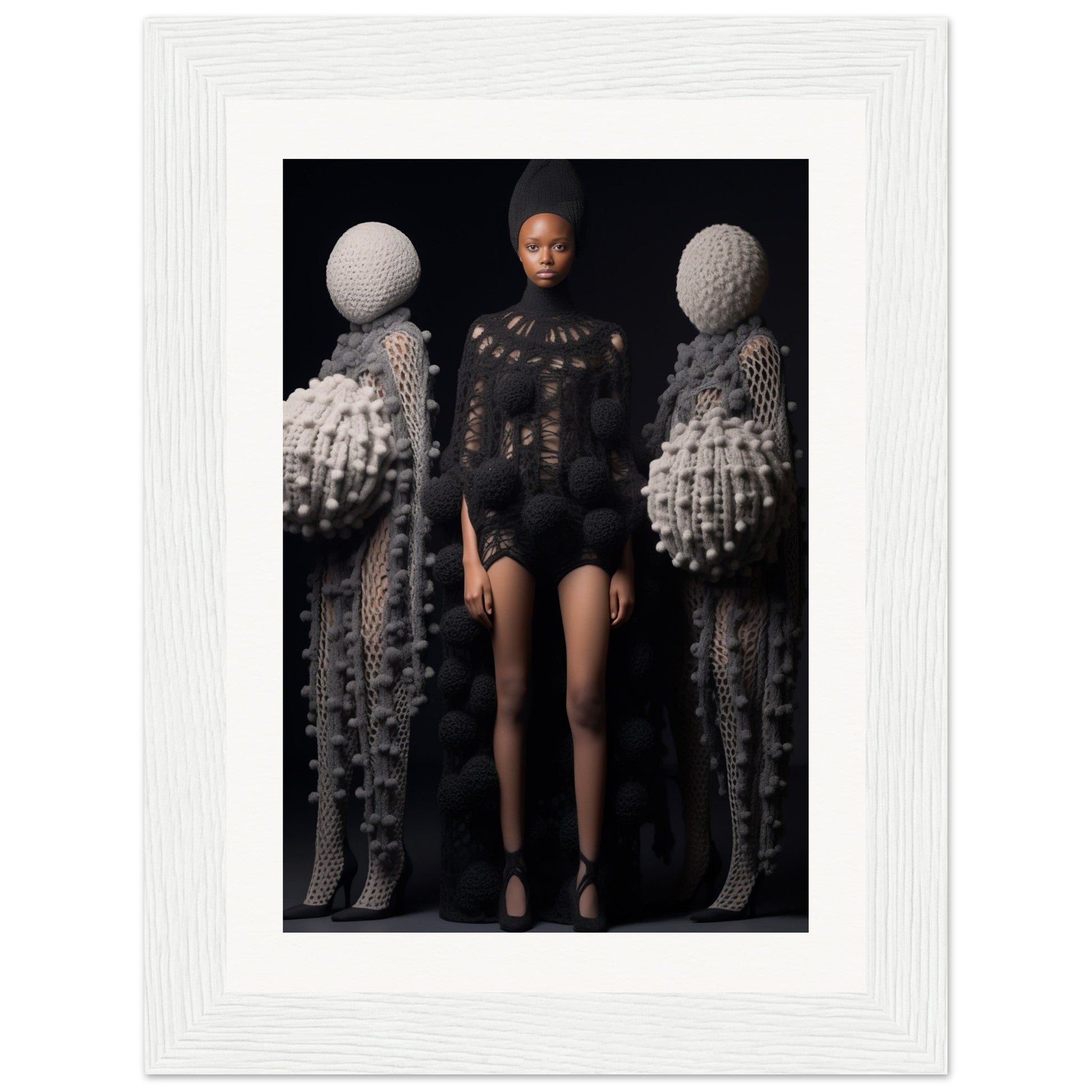 A black and white photo of a woman in a black dress has been transformed into Crochet Addicts Anonymous E The Oracle Windows™ Collection, making it the perfect poster for my wall.