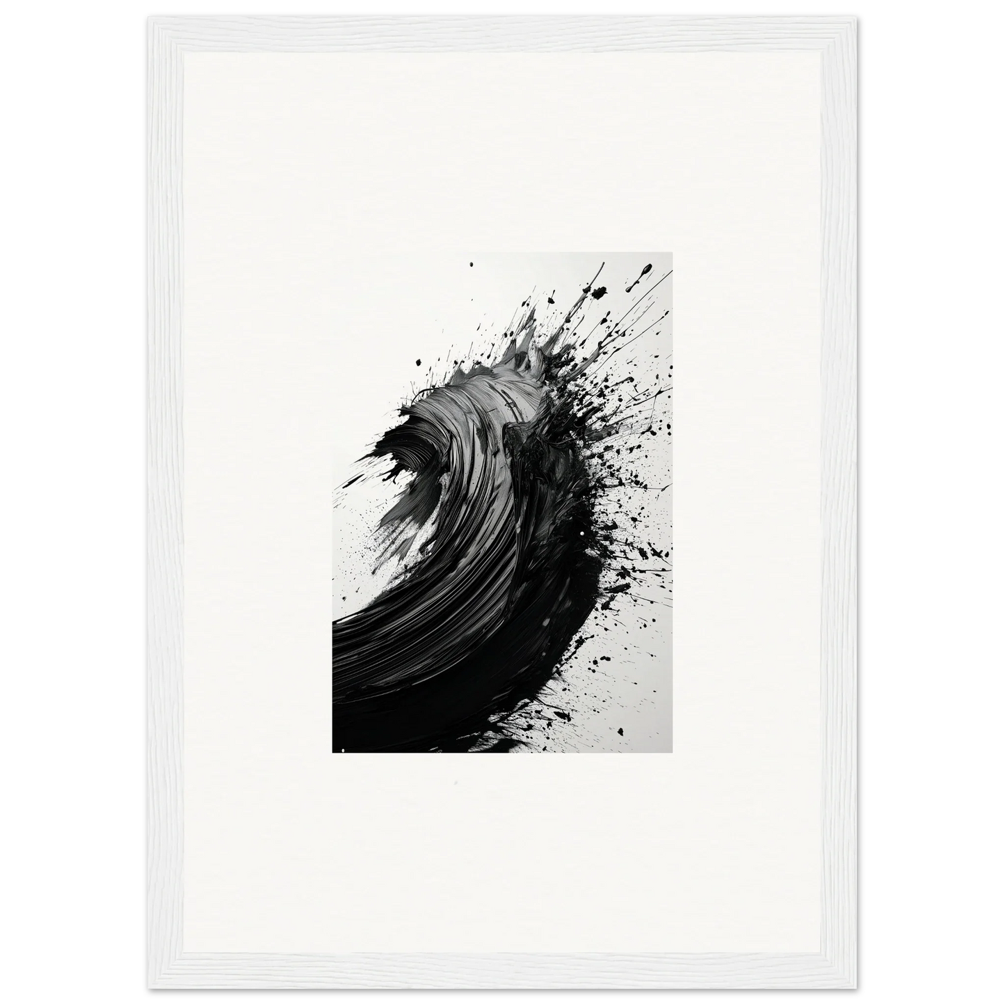 Dynamic black brushstroke wave in Synoptic Echo’s Embrace framed wall art