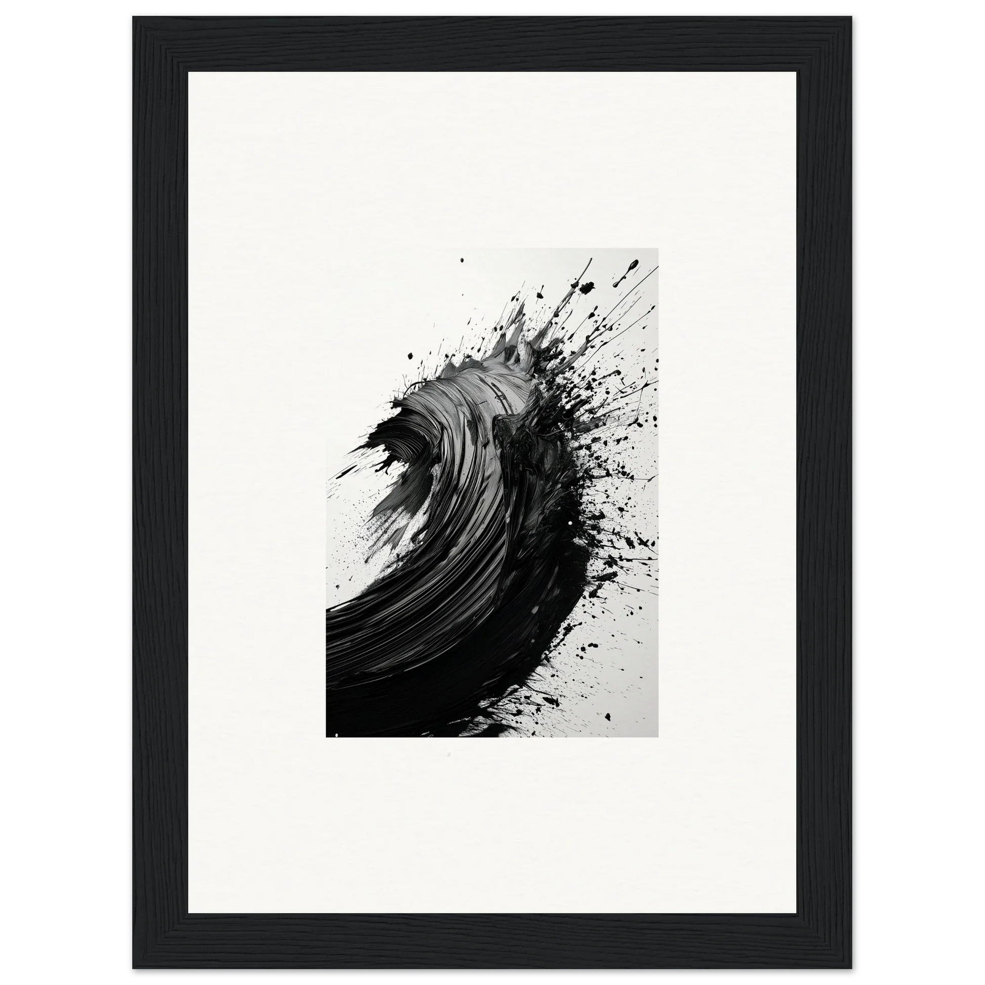 Dynamic black ink splash art resembling an ocean wave for stylish room decor