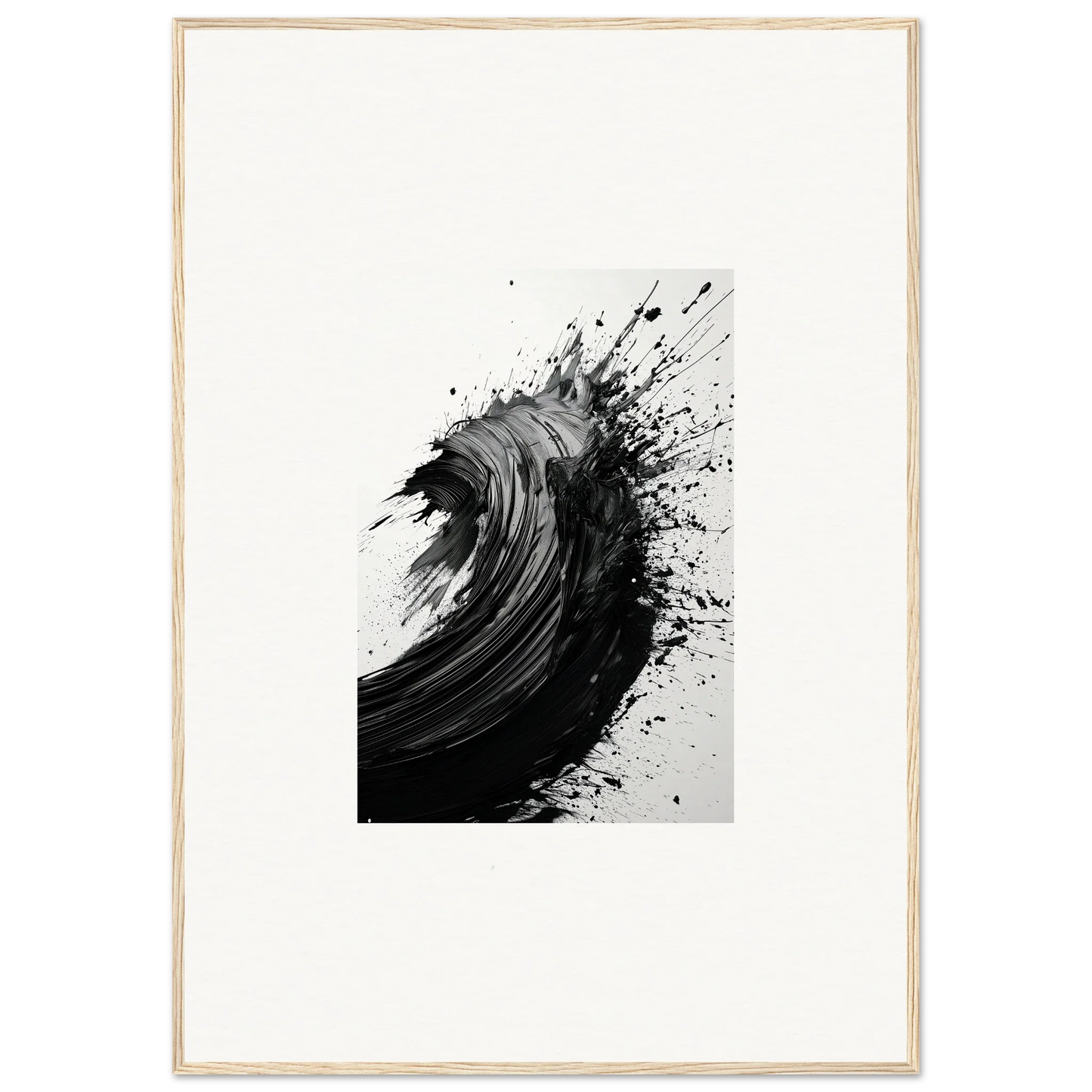 Dynamic black ink splash art resembling an ocean wave for framed wall art or canvas prints