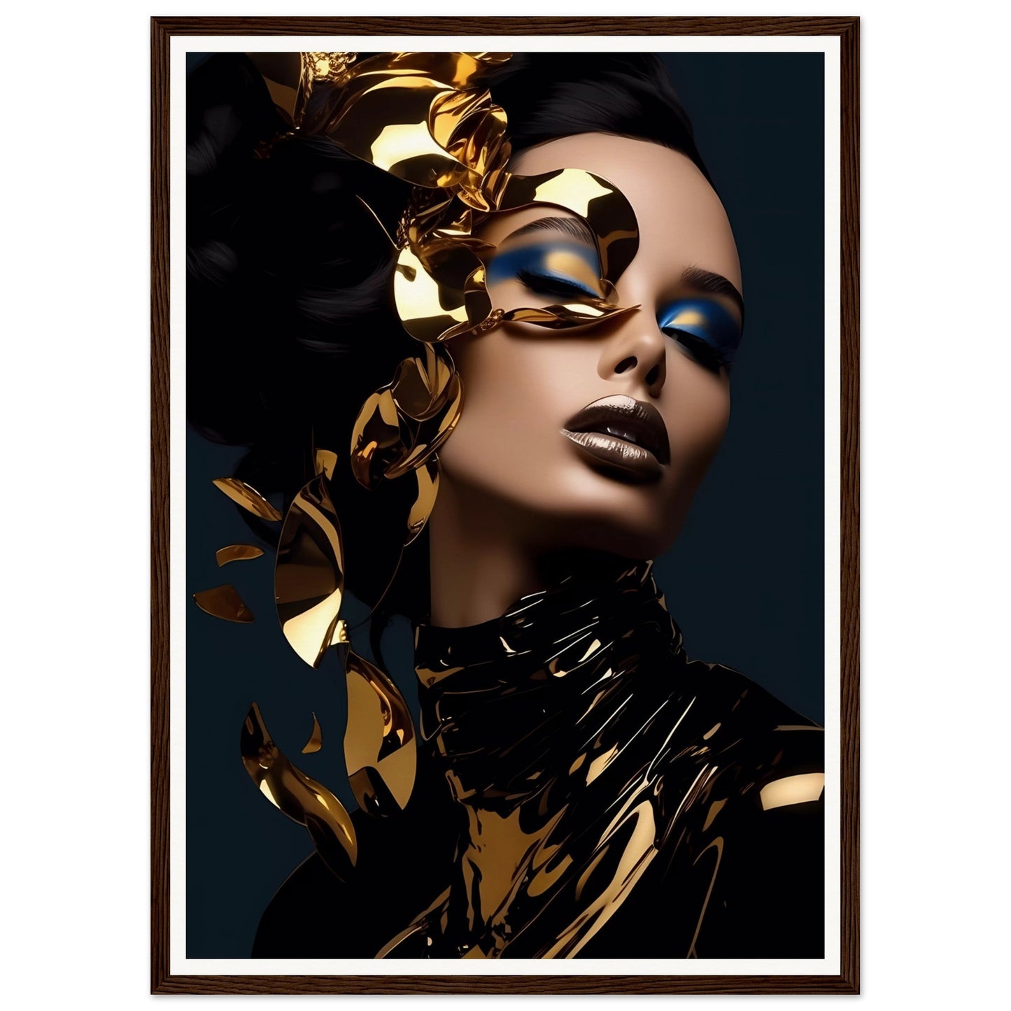 Portrait of a woman with dramatic gold and black makeup and accessories against a dark background.