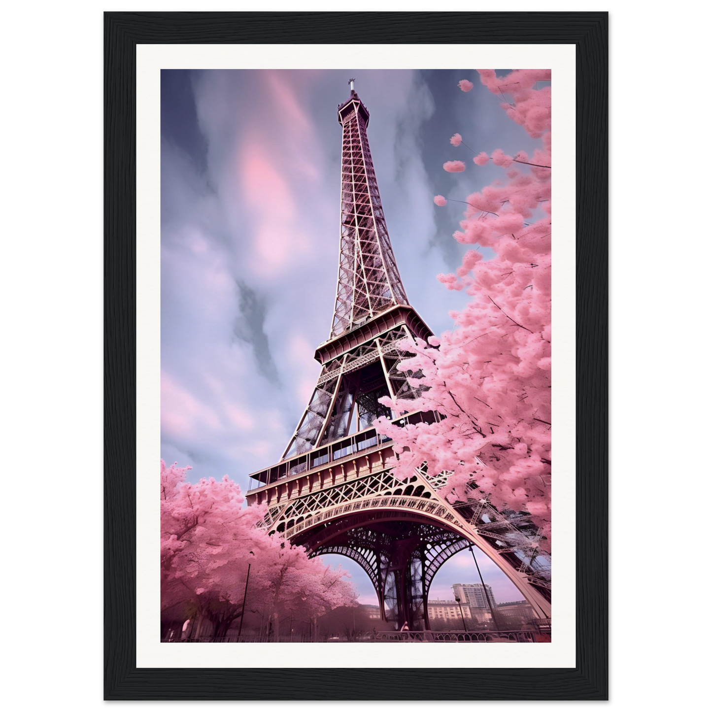 A high quality Pink Blossom, Eiffel, Paris. The Oracle Windows™ Collection poster of the Eiffel Tower, featuring an AI-generated artistic rendition with the iconic landmark in the background.