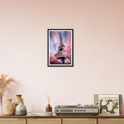 A high quality Pink Blossom, Eiffel, Paris. The Oracle Windows™ Collection poster of the Eiffel Tower, featuring an AI-generated artistic rendition with the iconic landmark in the background.