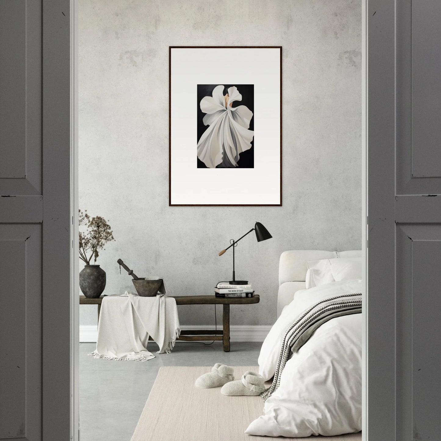 Elegant bedroom with canvas waves and framed wall art as focal point in room decor