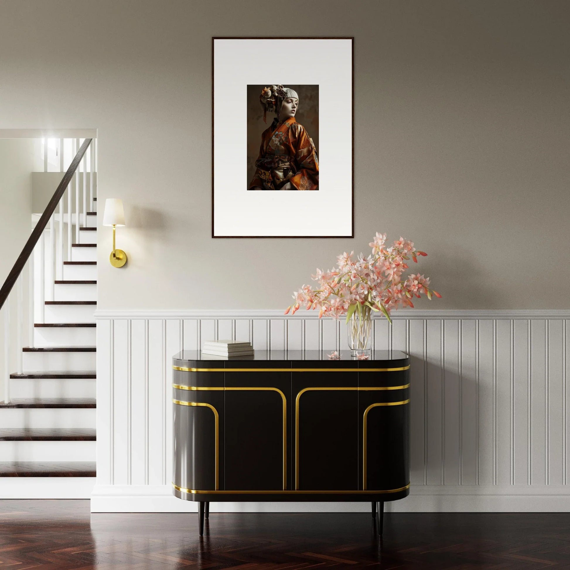 Elegant black and gold console table with curved edges, perfect for chic room decor