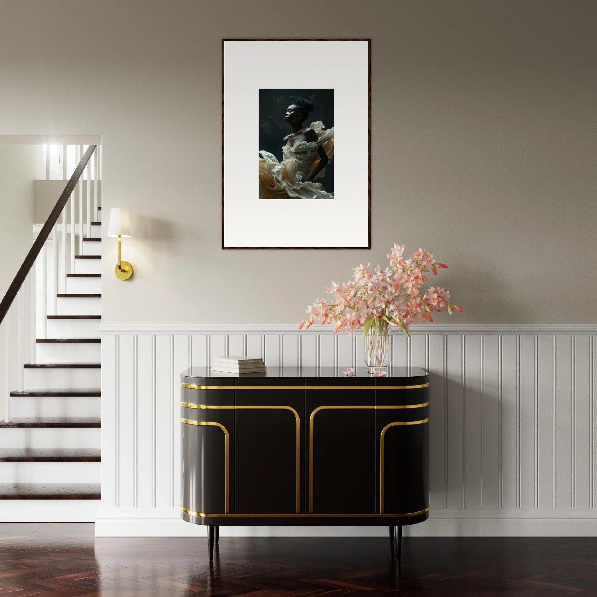 Elegant black and gold console table with curved edges and decorative trim.