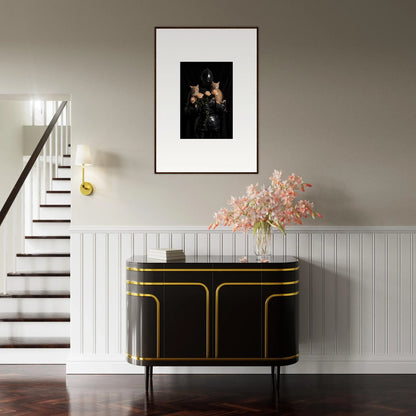 Elegant black and gold sideboard enhancing room decor with Floral Epiphany style