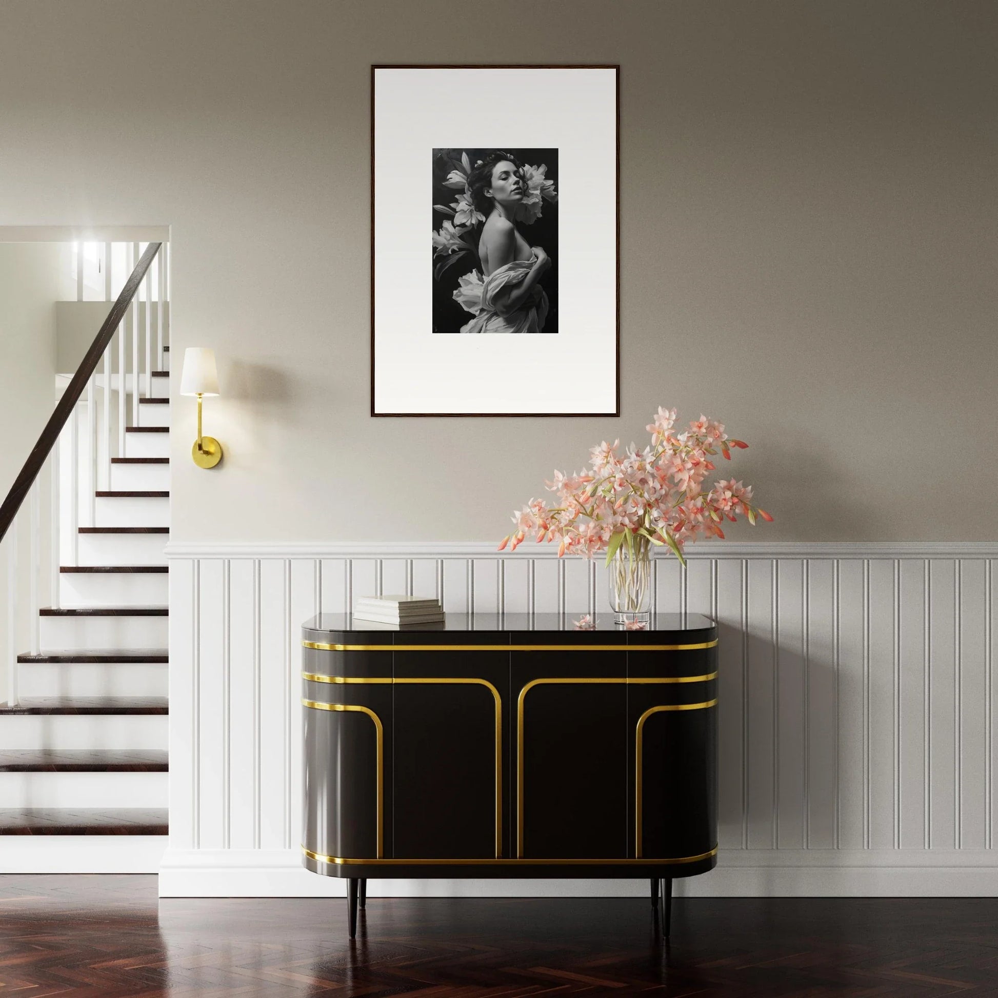 Elegant black and gold sideboard with framed wall art and floral arrangement in Vineyard Enigma