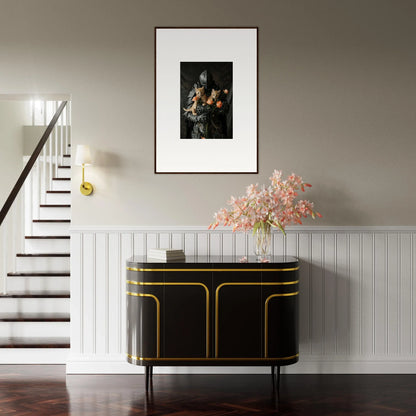 Elegant black and gold sideboard with pink flowers enhancing Feline Serenade room decor