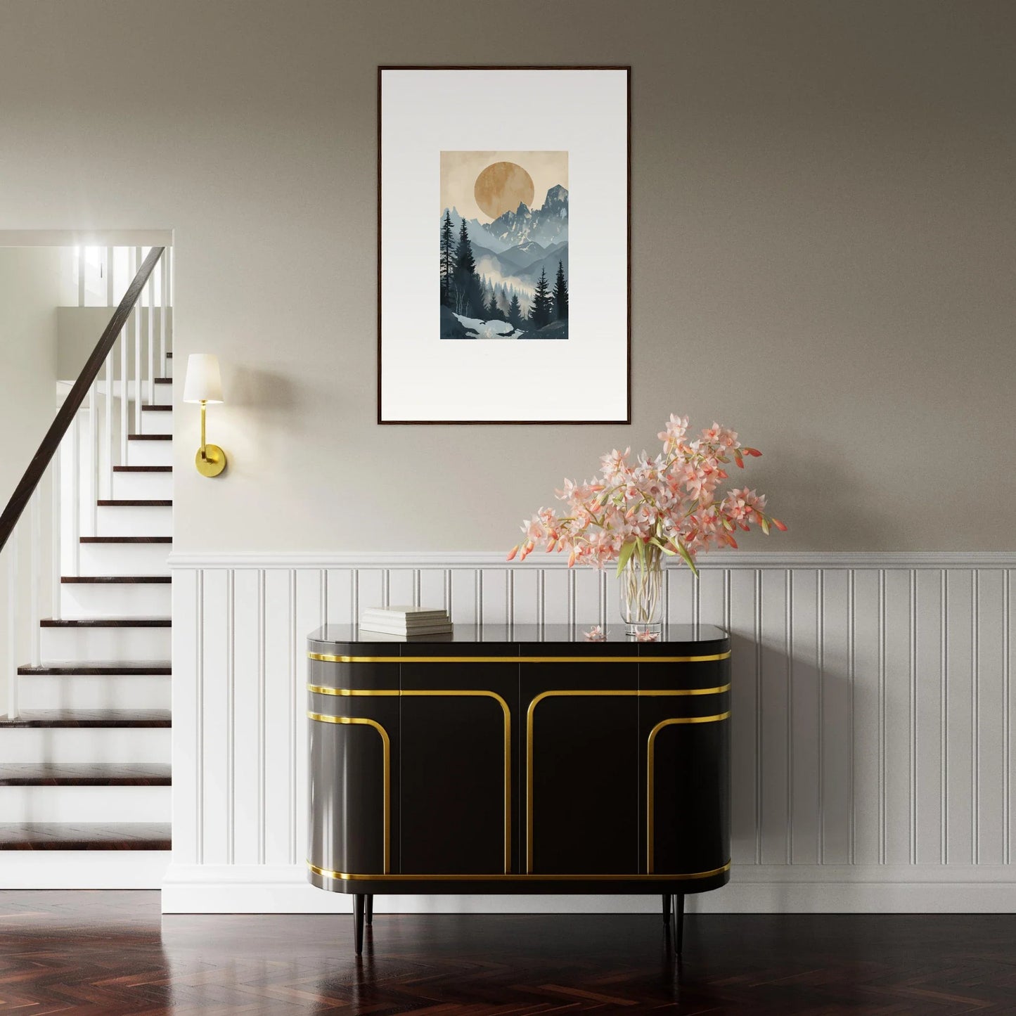 Elegant black and gold sideboard enhancing alpine serenade room decor with sleek design