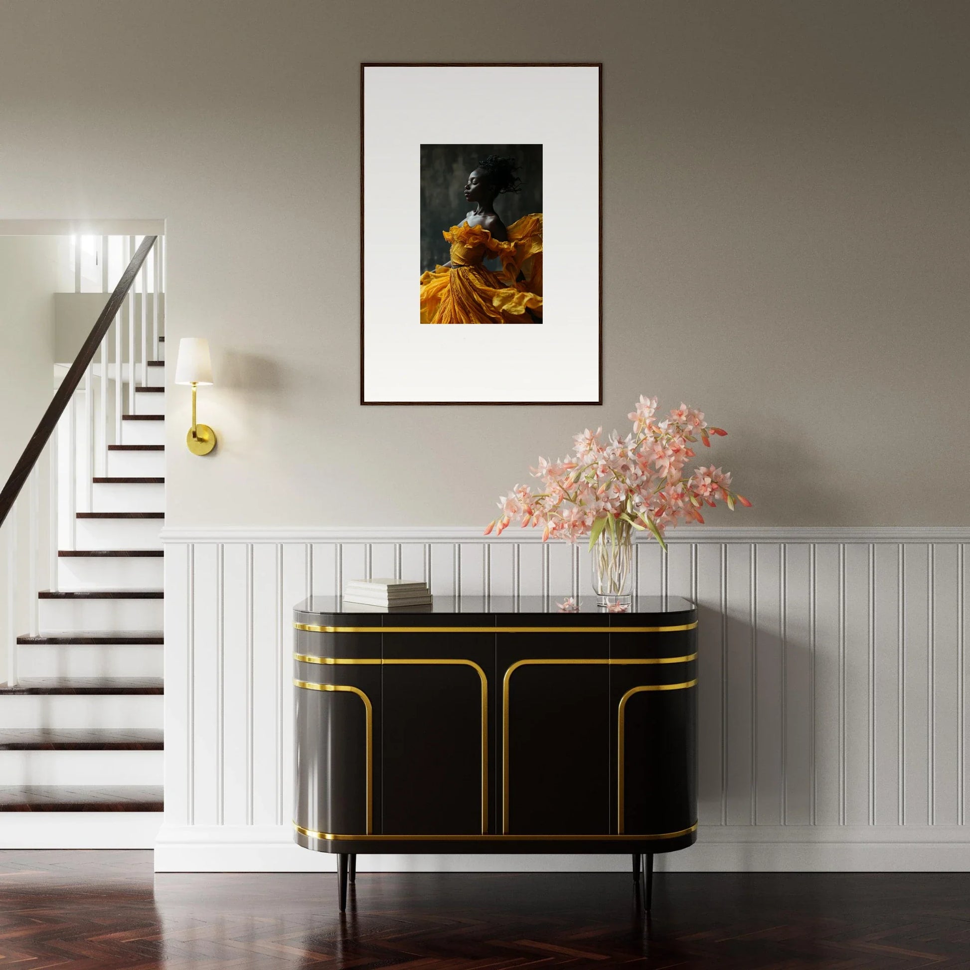 Elegant black and gold sideboard enhancing sunlit whispers in stylish room decor