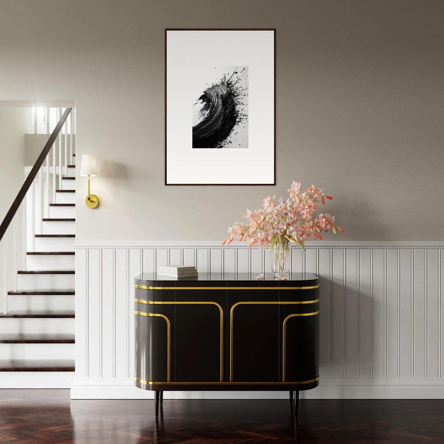 Elegant black sideboard with gold trim enhances room decor alongside canvas prints