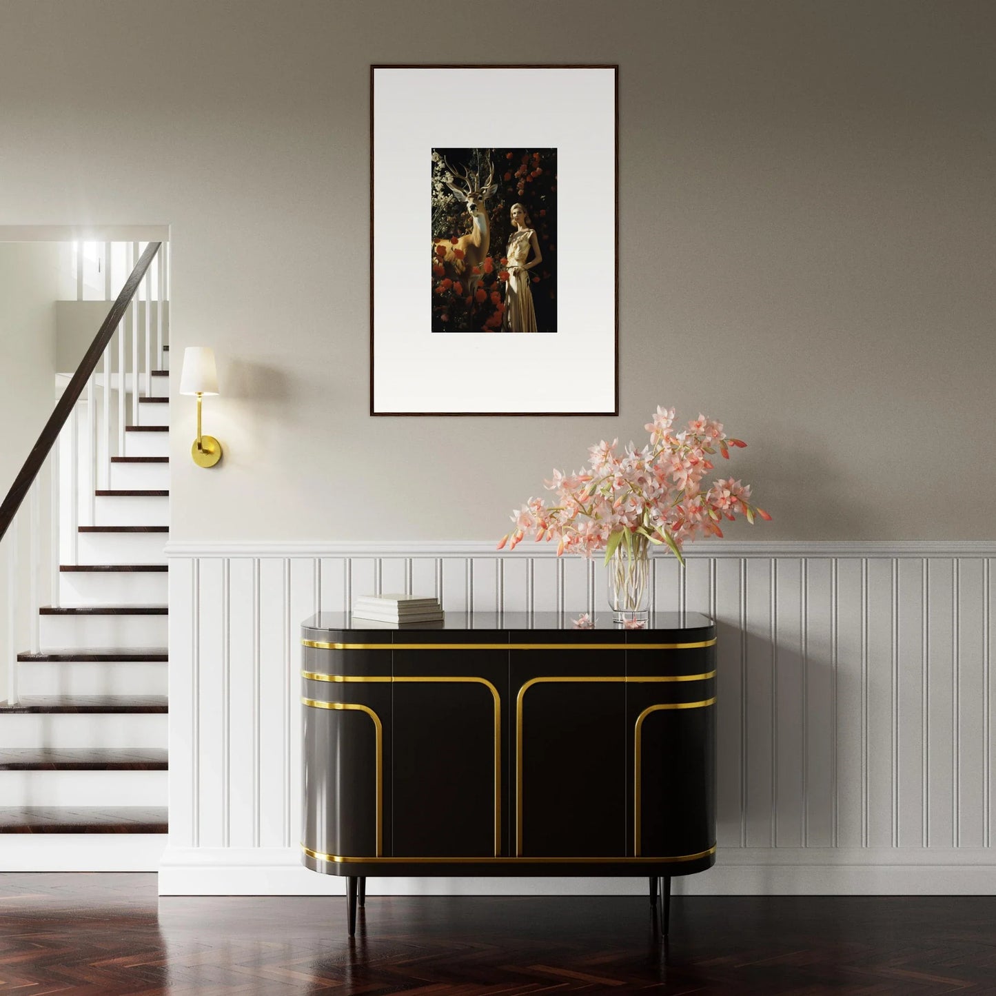 Elegant black sideboard with gold trim and curved edges.