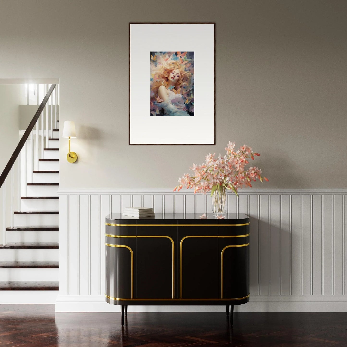 Elegant black sideboard with gold trim perfect for room decor and framed wall art