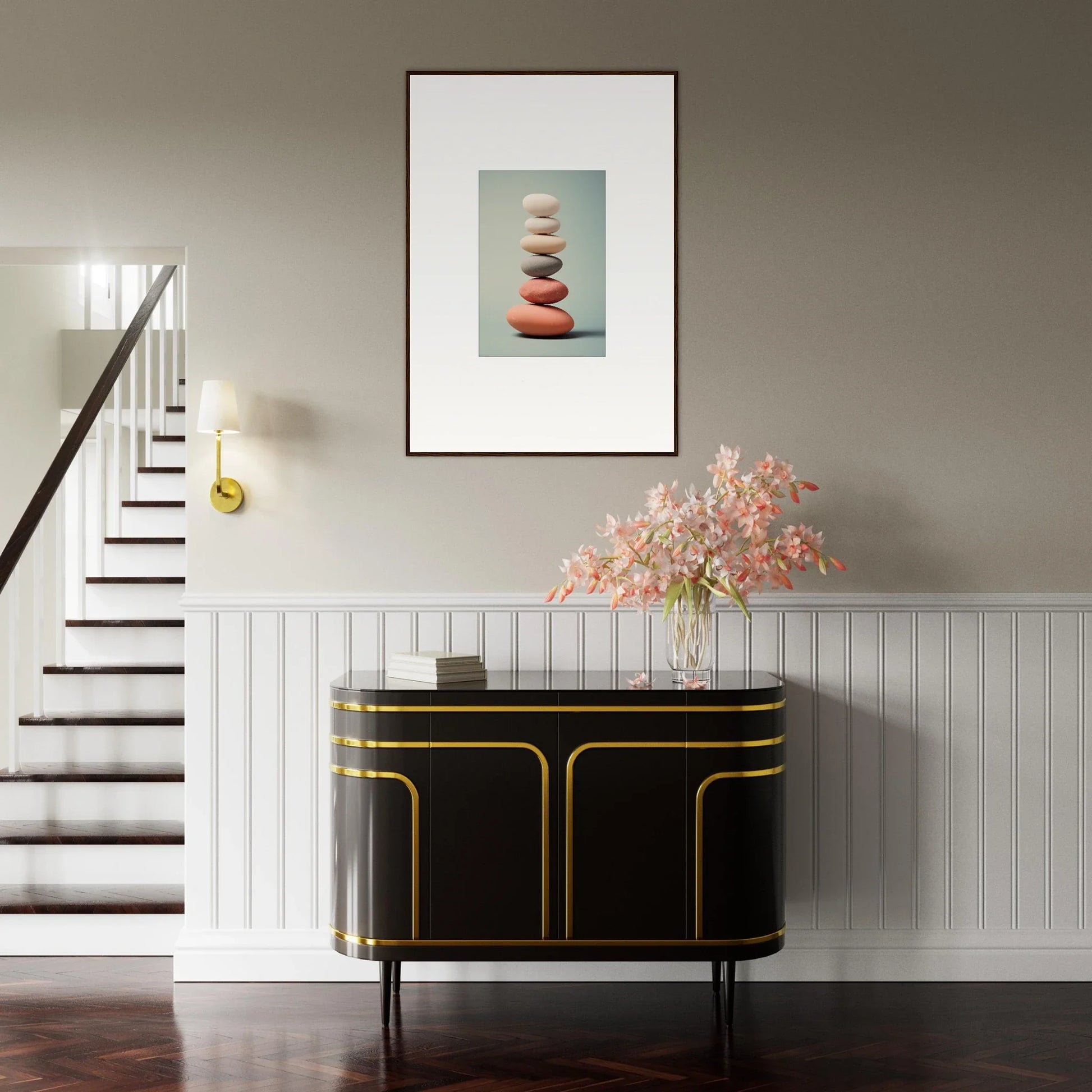 Elegant black sideboard with gold trim, perfect for enhancing room decor with canvas prints