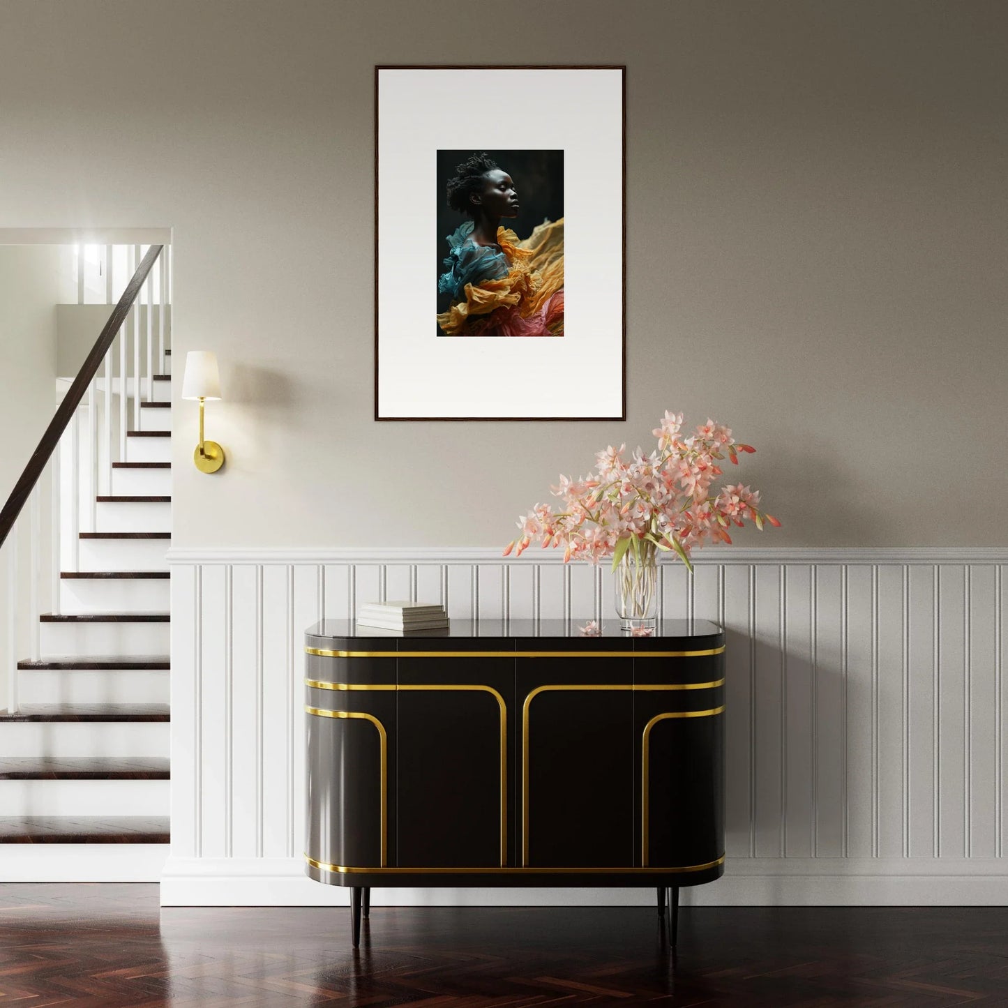 Elegant black sideboard with gold trim and curved edges.