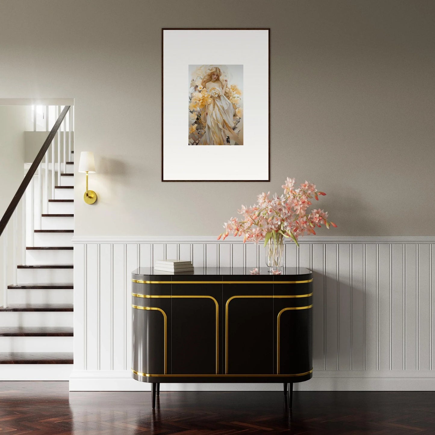 Elegant black sideboard with gold trim enhancing blossom sway room decor elegance