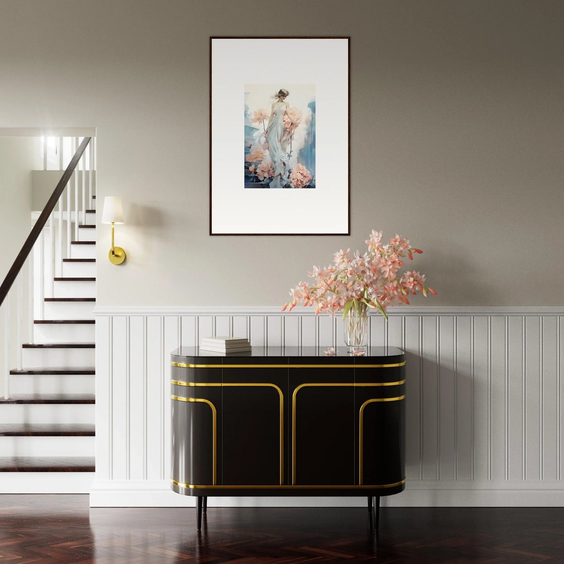 Elegant black sideboard with gold trim, perfect for Floral Ballet room decor