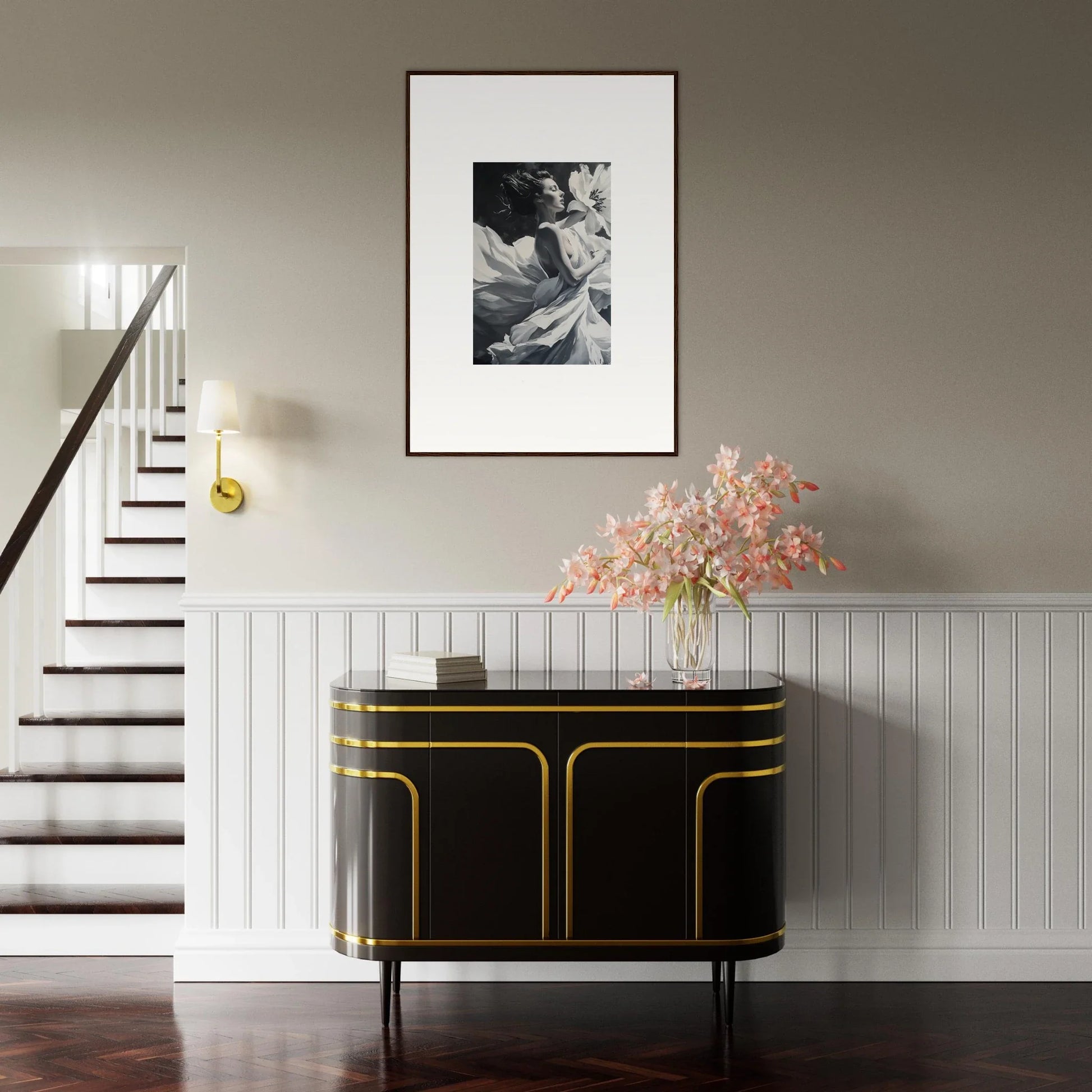 Elegant black sideboard with gold trim, perfect for Blush Reverie room decor