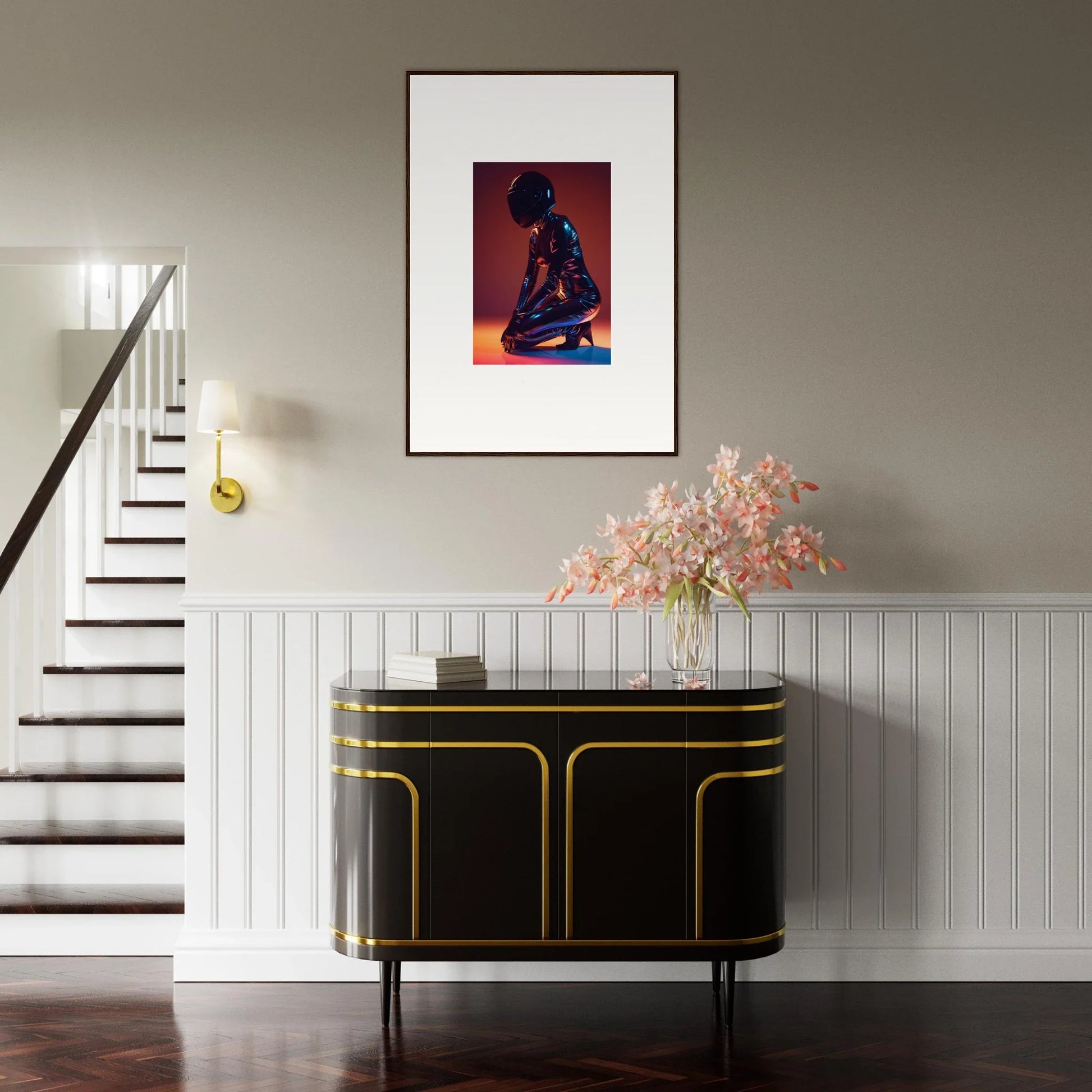 Elegant black sideboard with gold trim, perfect for Night Oracle room decor