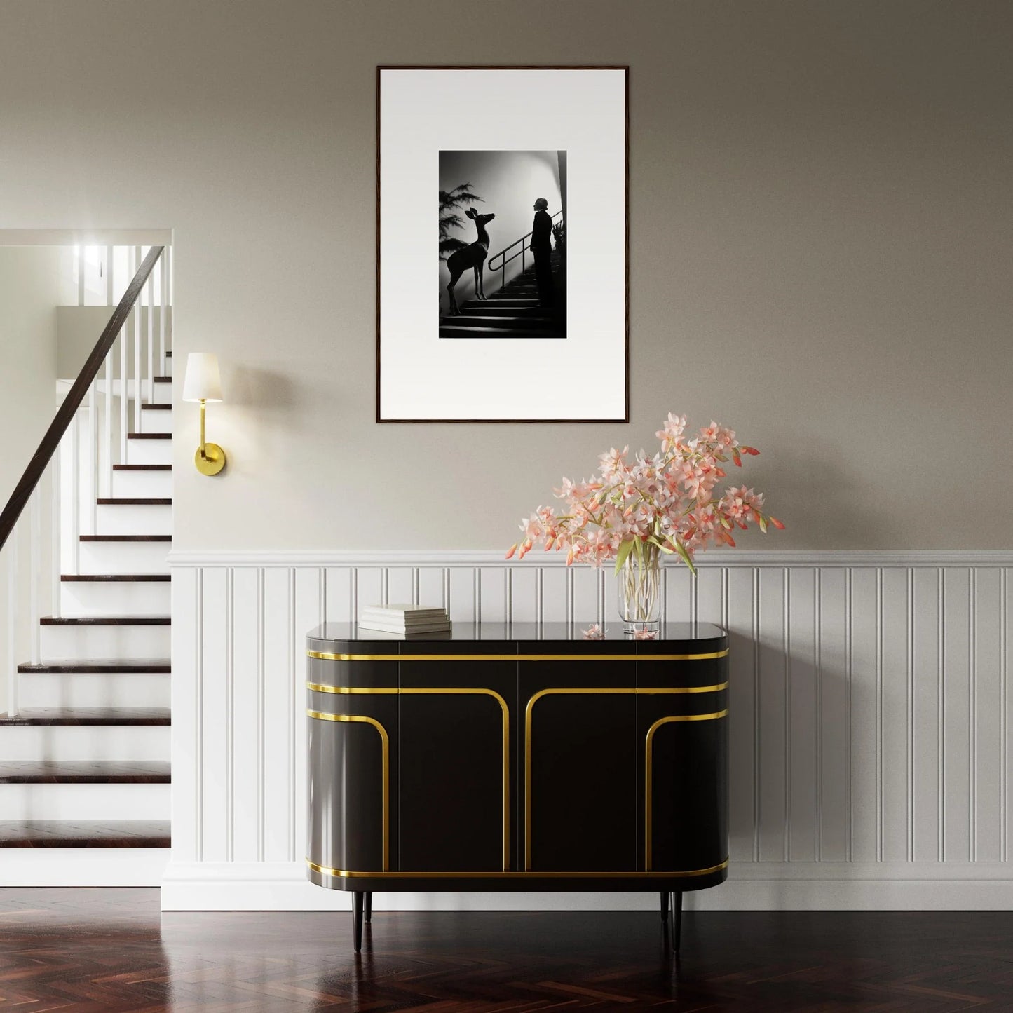 Elegant black sideboard with gold trim and curved edges.