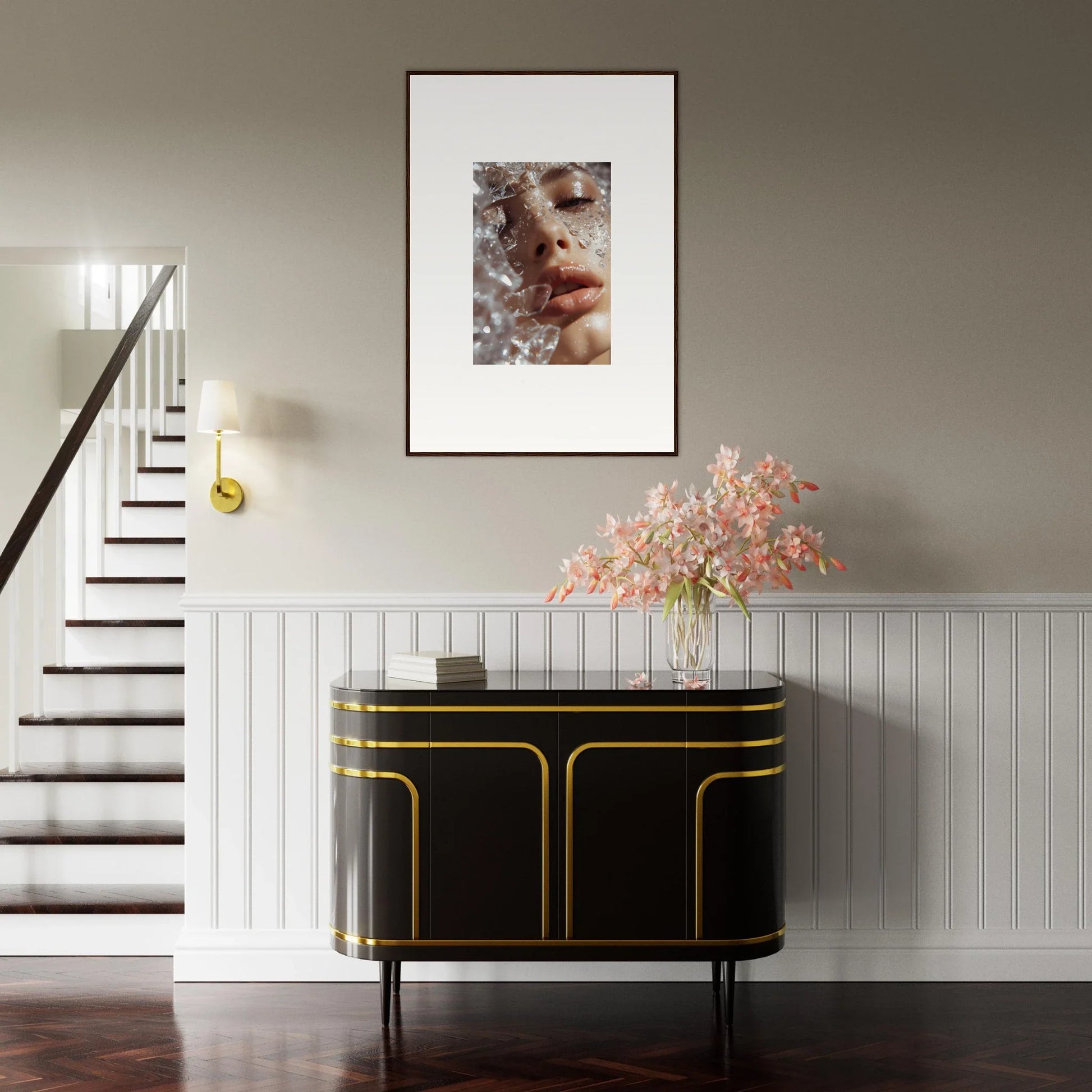 Elegant black sideboard with gold trim enhancing Whispering Dreamer room decor