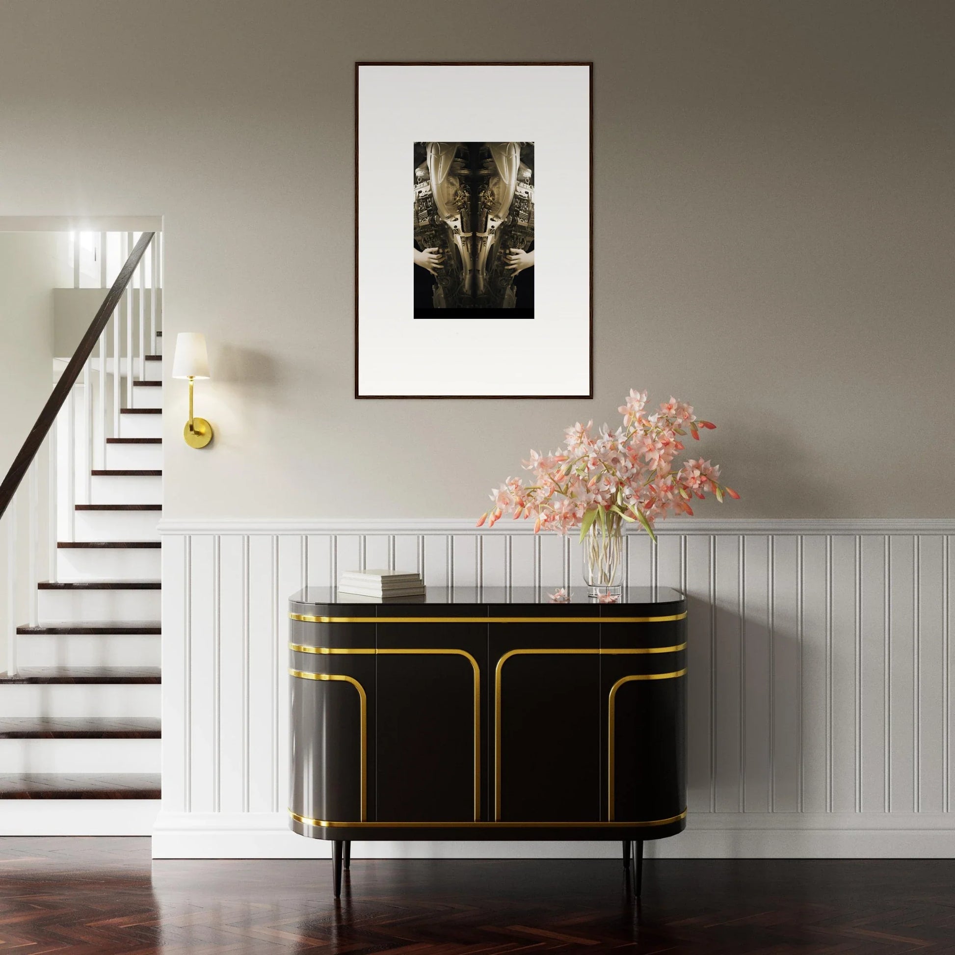 Elegant black sideboard with gold trim, perfect for elevating room decor and style