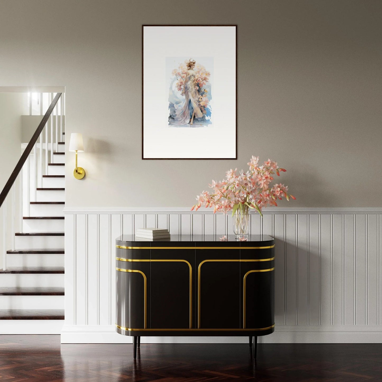 Elegant entryway with black and gold console, floral arrangement, and Blush Mirage decor