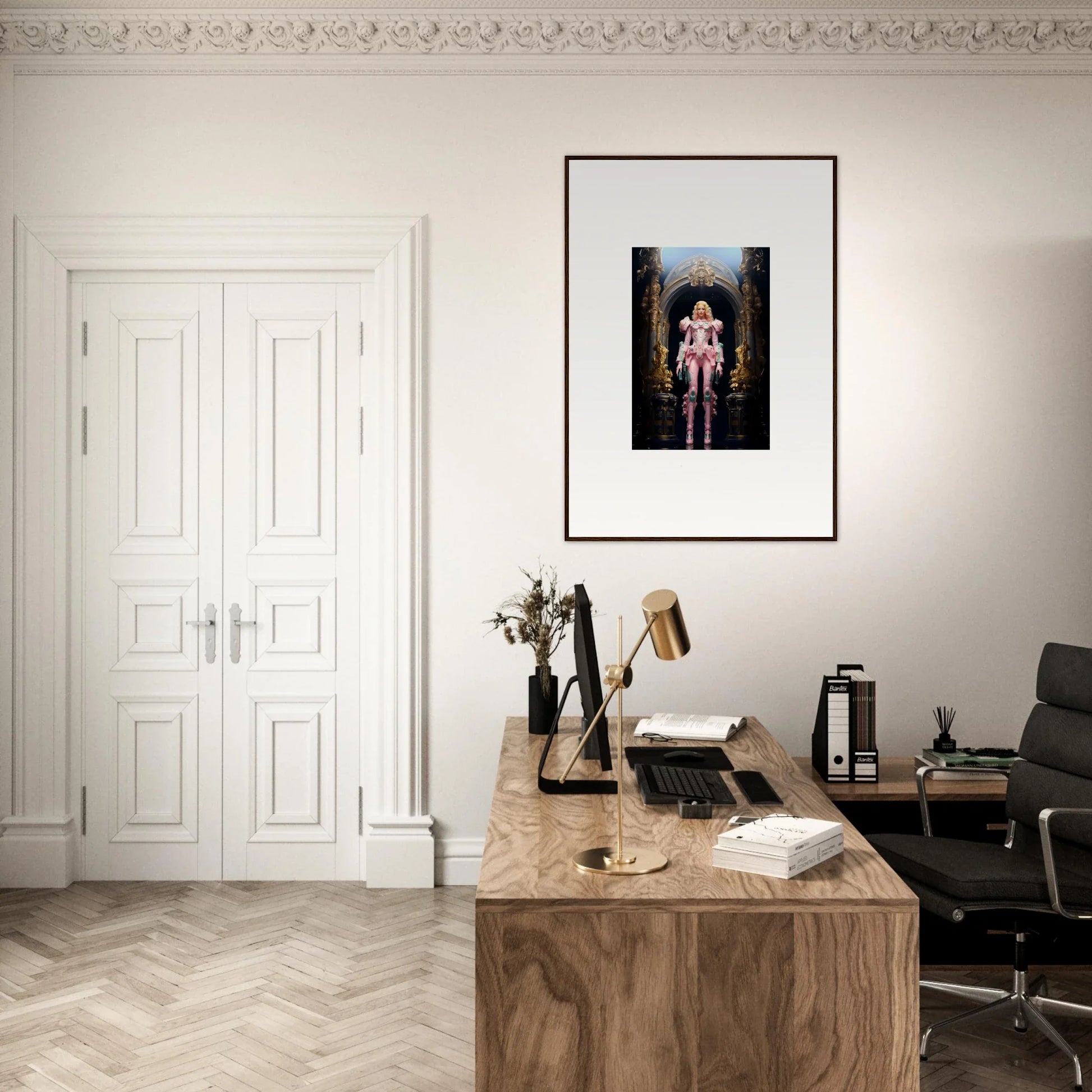 Elegant home office with wooden desk, framed wall art, and pastry vanguard room decor