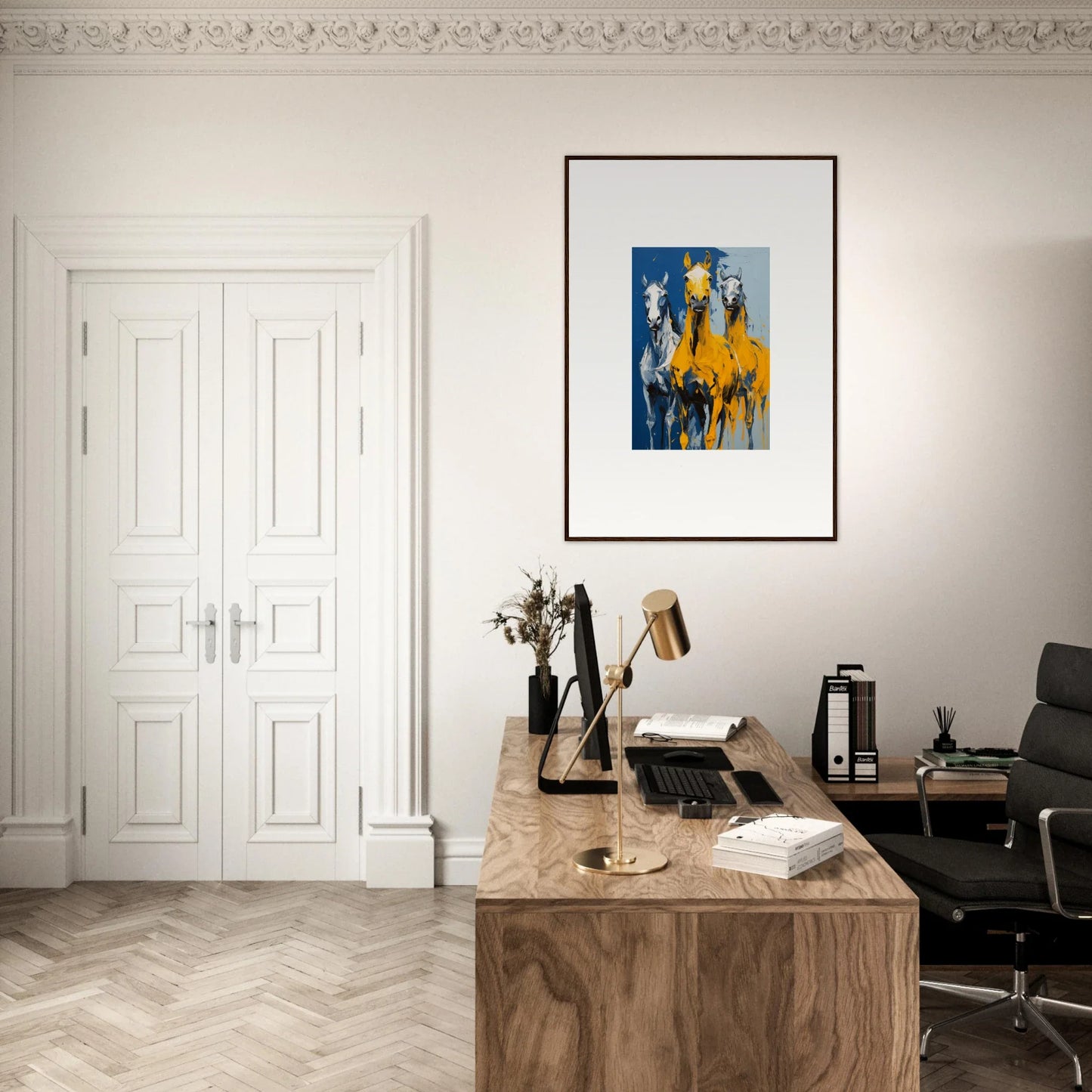 Elegant home office with wooden desk, modern chair, and Eleven Sunrise framed wall art