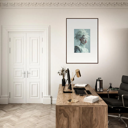 Elegant home office featuring wooden desk, framed wall art, and ornate white door