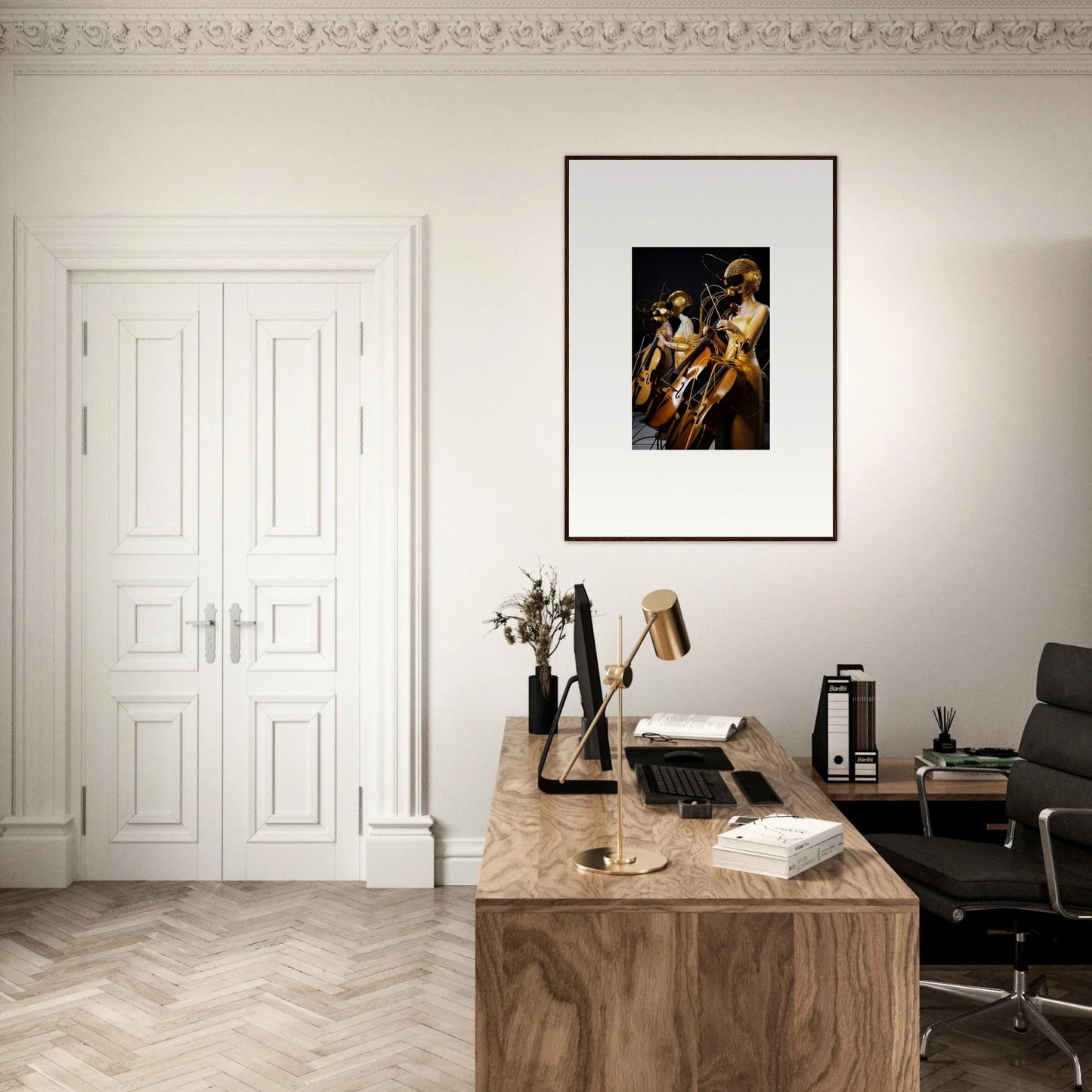 Elegant home office featuring amber crescendo room decor with a wooden desk and framed wall art