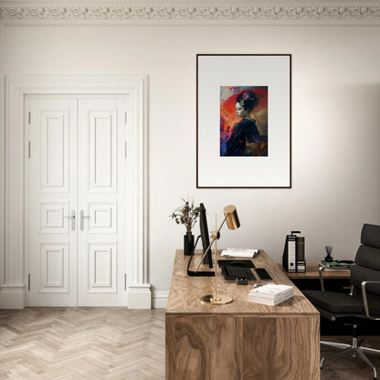 Elegant home office with a wooden desk, vintage typewriter, and colorful framed wall art