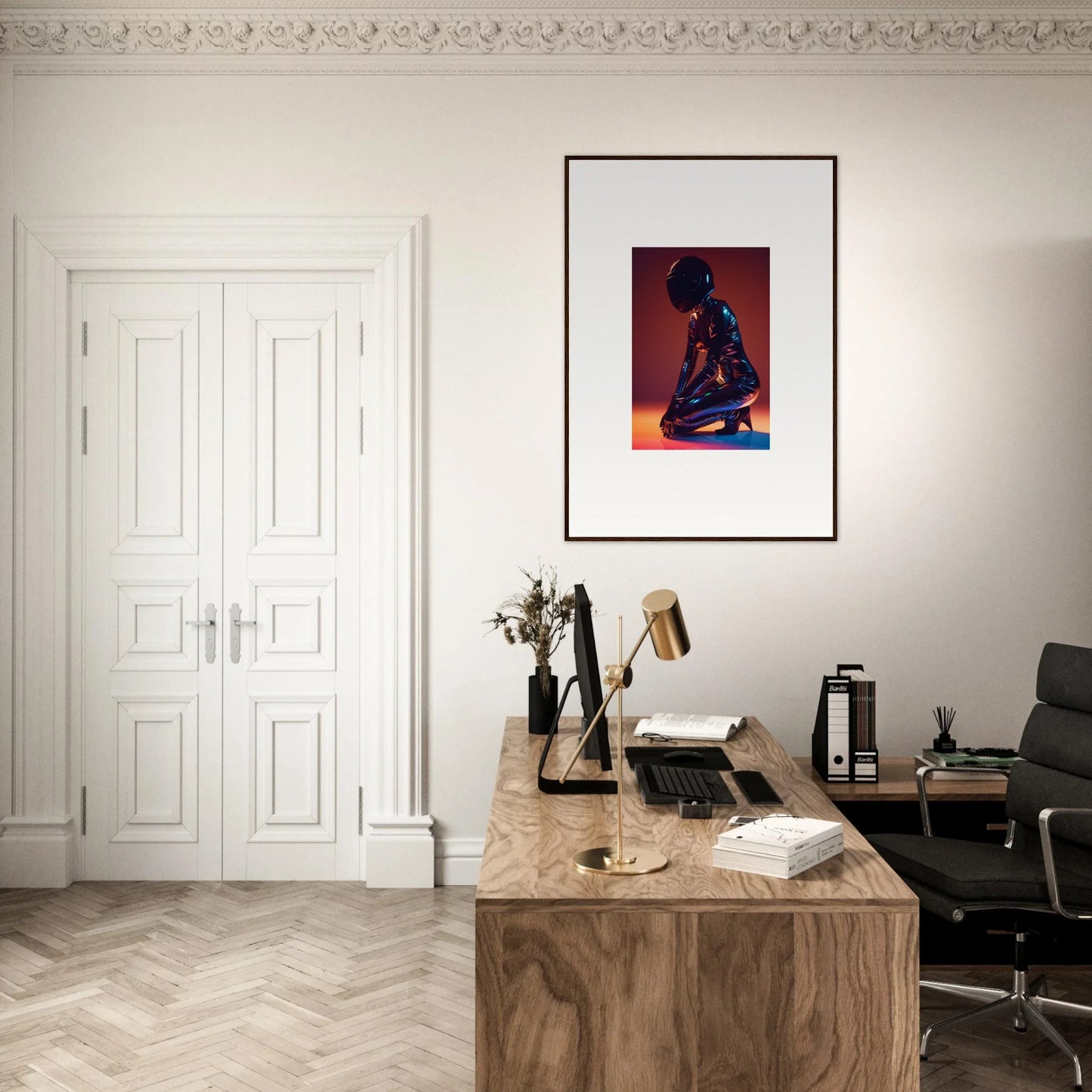 Elegant home office with wooden desk, modern room decor, and framed wall art