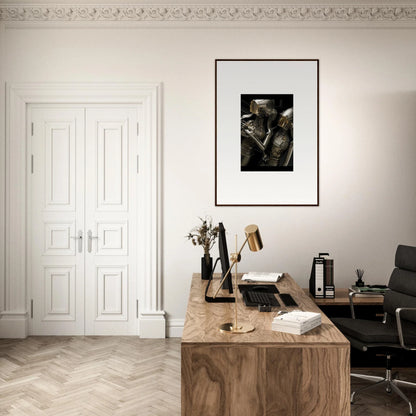 Elegant home office with wooden desk, framed wall art, and Alloy Dreams decor