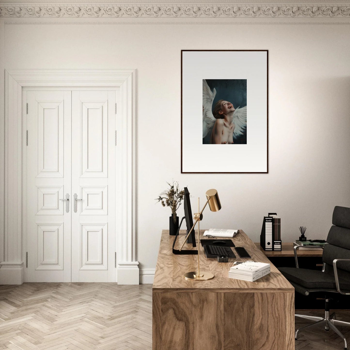 Elegant home office with wooden desk, framed wall art, and stylish wing time decor