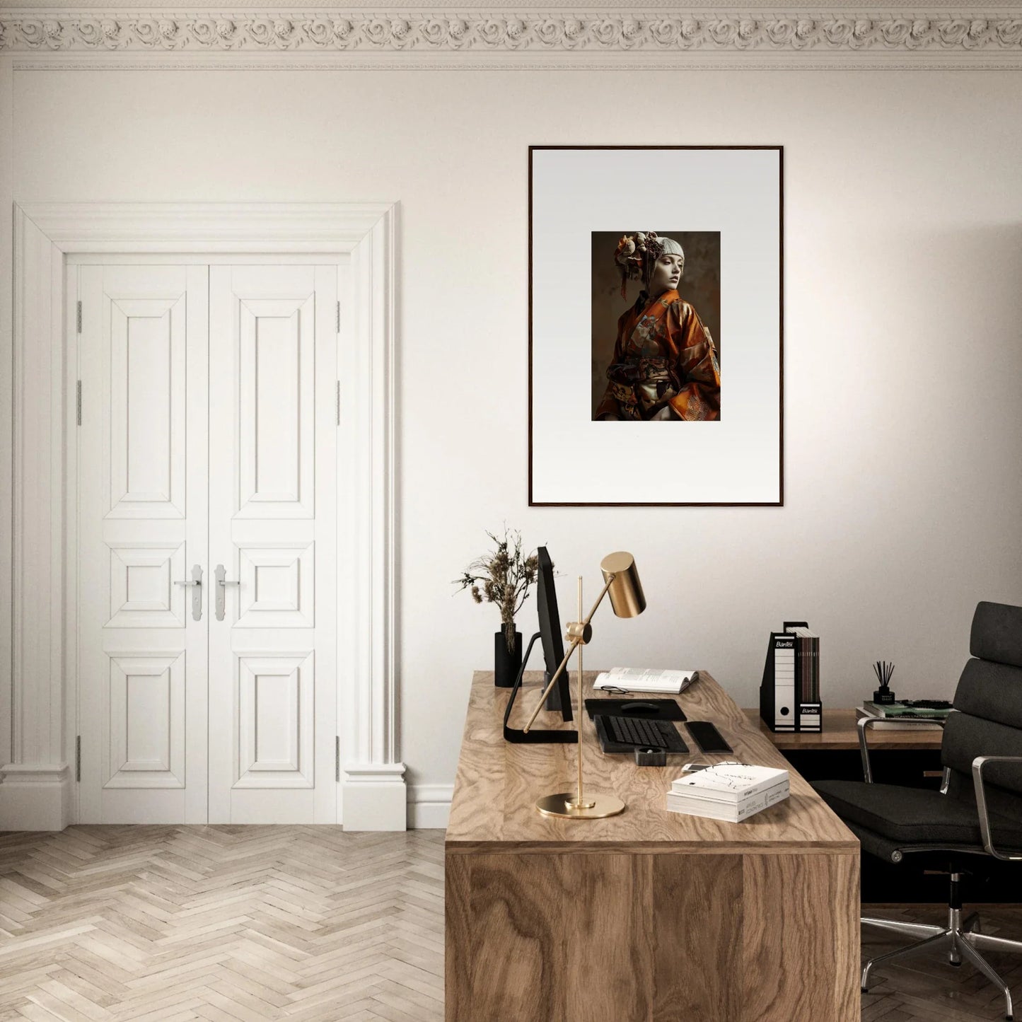 Elegant home office with wooden desk and Flower Shadows Whispering framed wall art