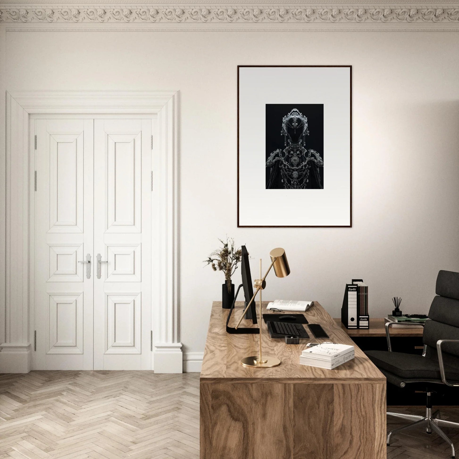 Elegant home office with wooden desk, framed wall art, and Enigma Skein Emsembler