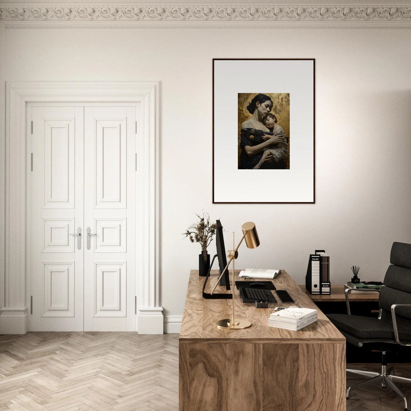 Elegant home office with wooden desk and framed wall art featuring Protector Diptych