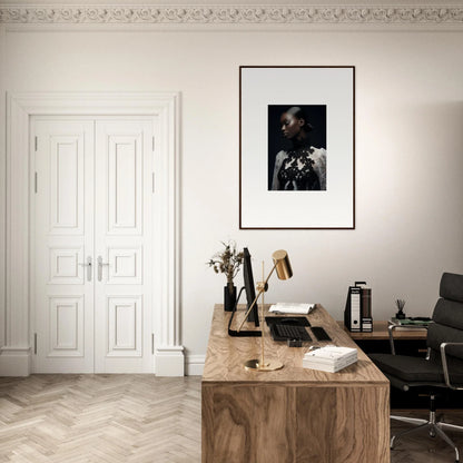 Elegant home office featuring a wooden desk and framed wall art for stylish room decor