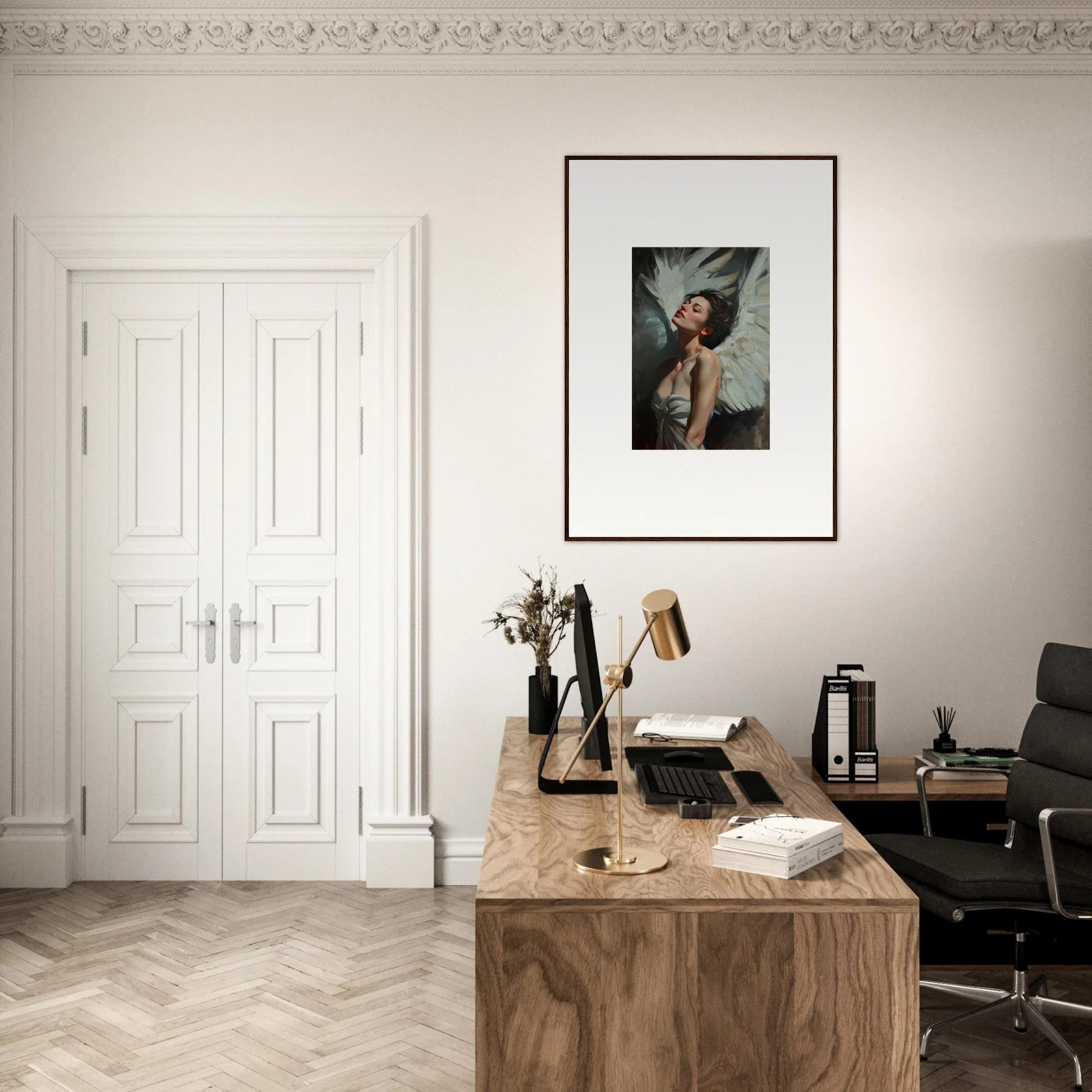 Elegant home office with wooden desk, framed wall art, and feathered elegance decor