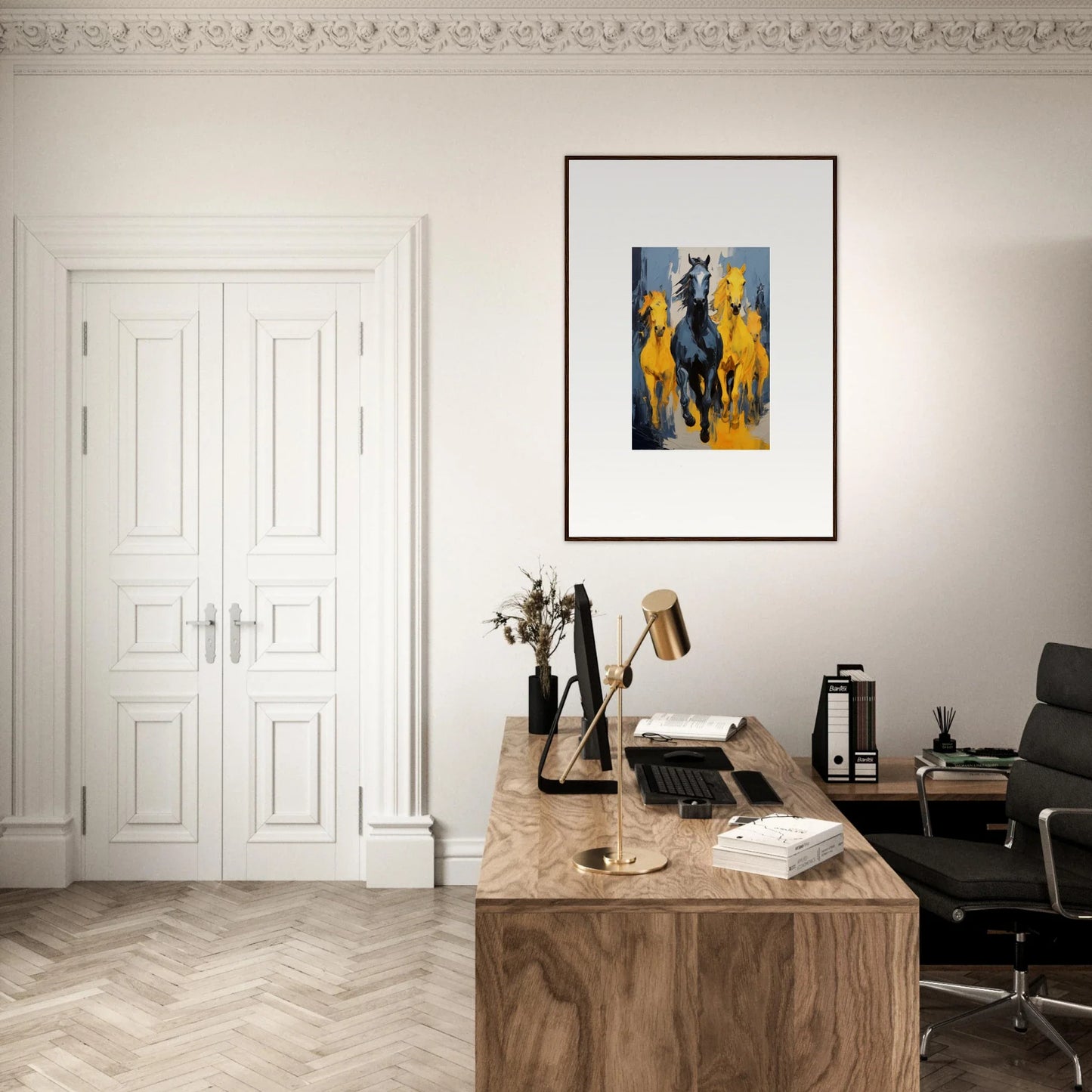 Elegant home office with wooden desk and framed wall art, perfect for Mustsers Stampede decor