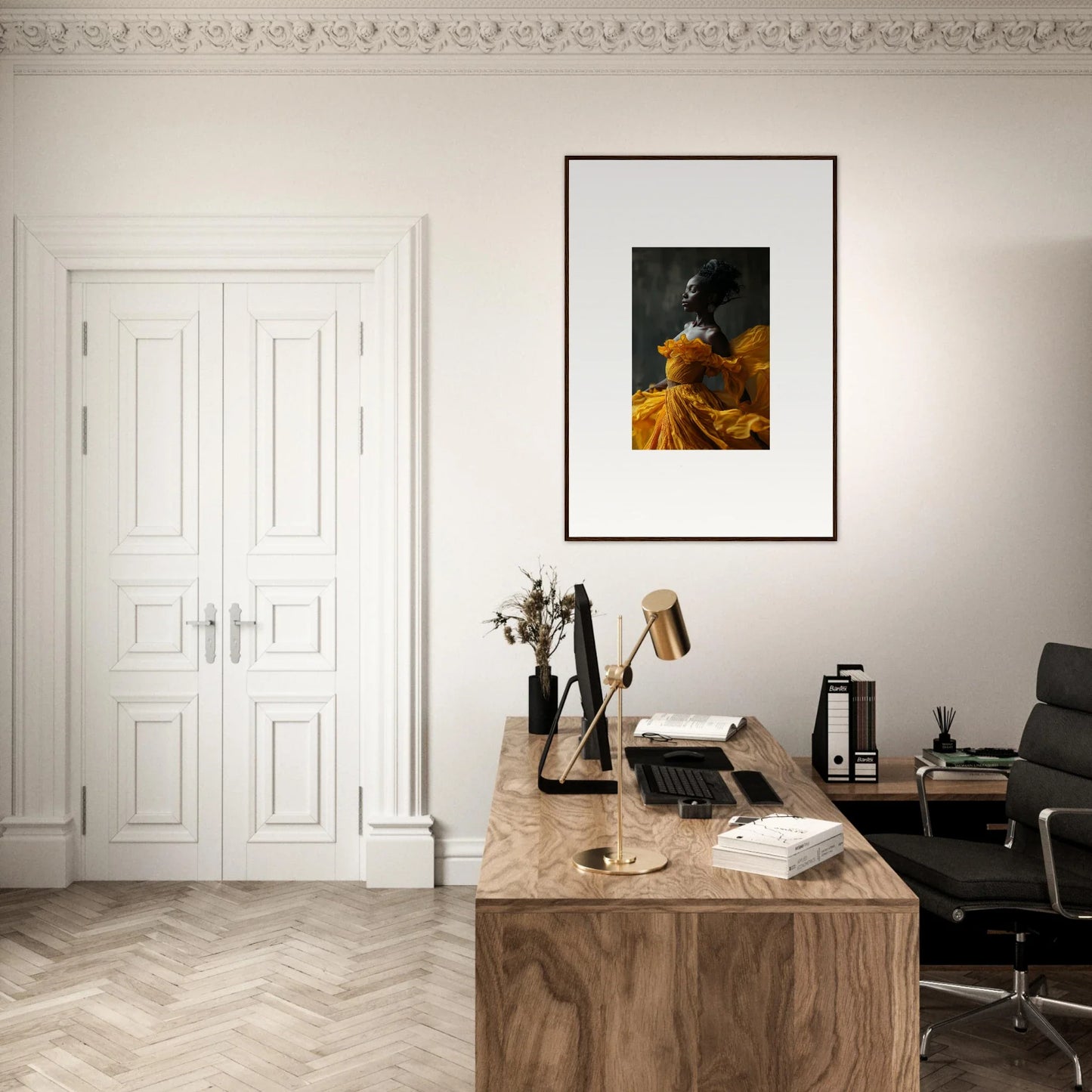 Elegant home office with wooden desk and framed wall art, embodying Silence Rapture