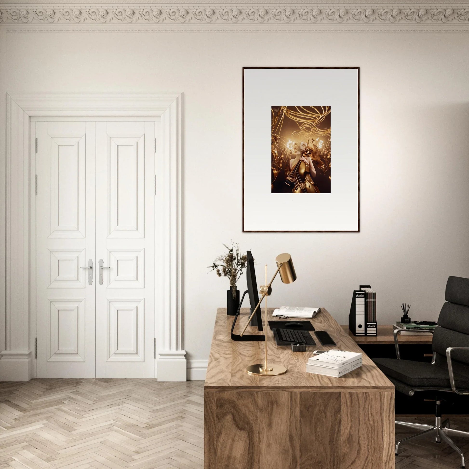 Elegant home office with wooden desk, framed wall art, and harmony enigma decor