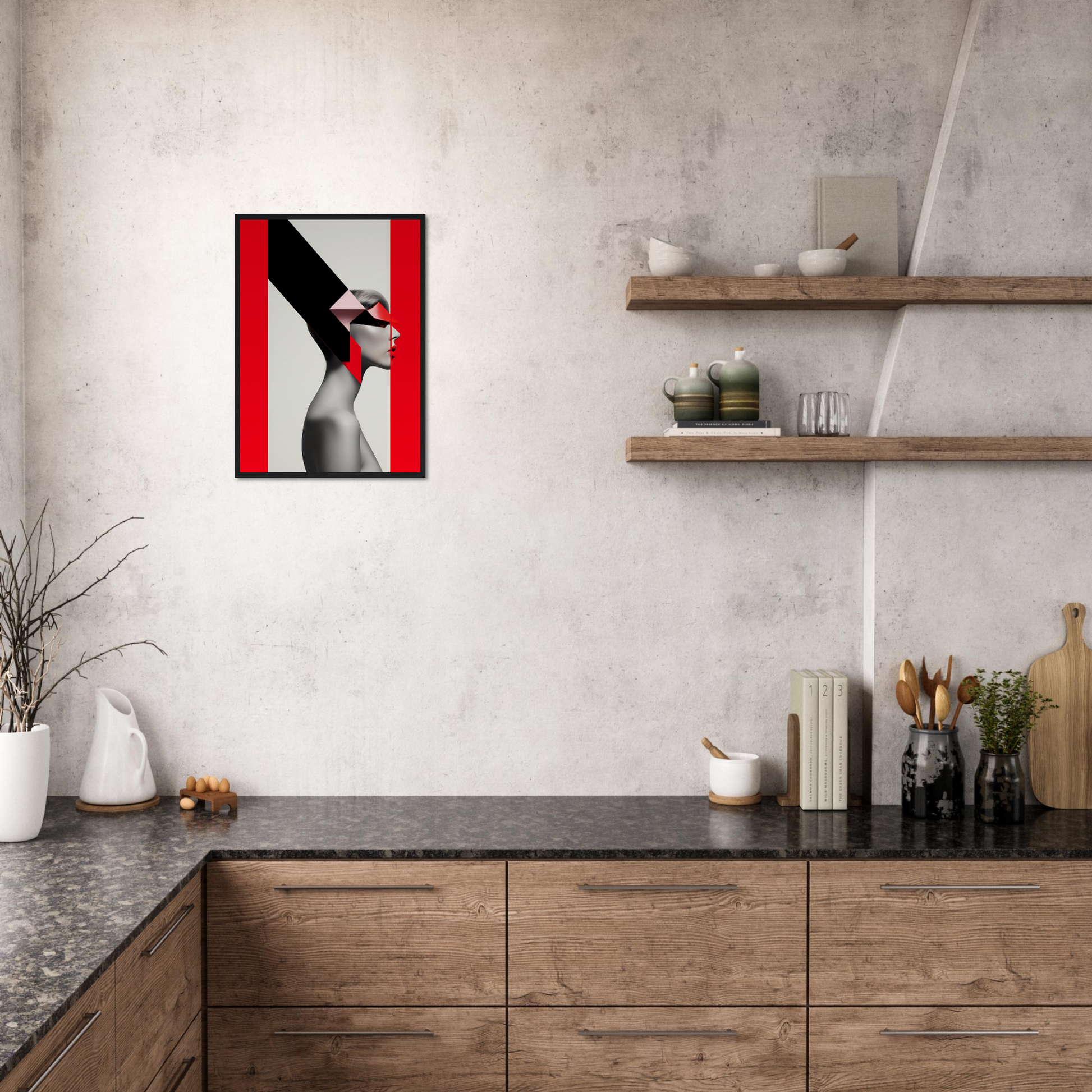 Modern kitchen with wooden cabinets, stone countertop, and striking red-and-black artwork on the wall.