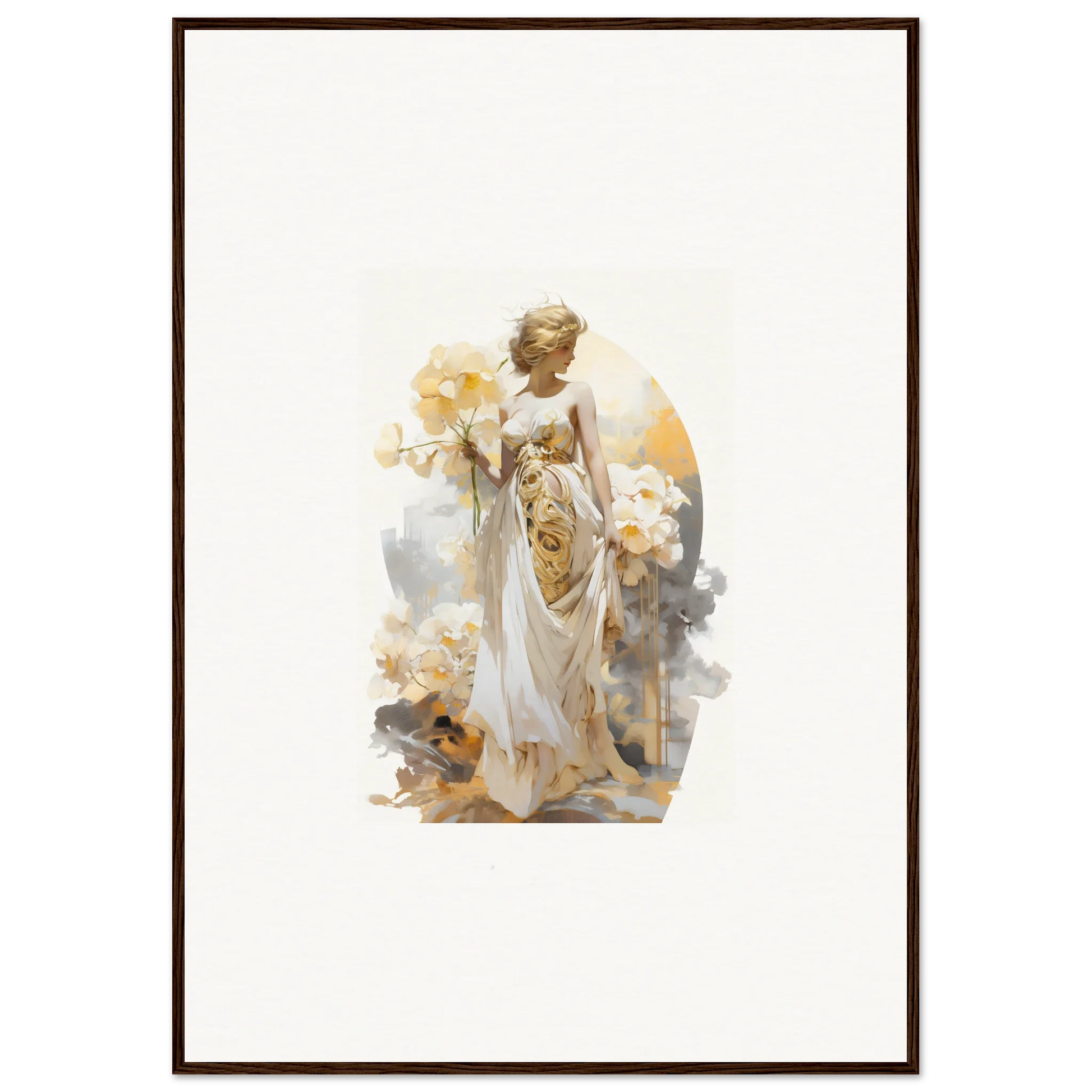 Ethereal female figure in white robes with flowers for Blossom Dream wall art decor