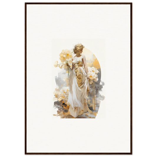 Ethereal female figure in white robes with flowers for Blossom Dream wall art decor