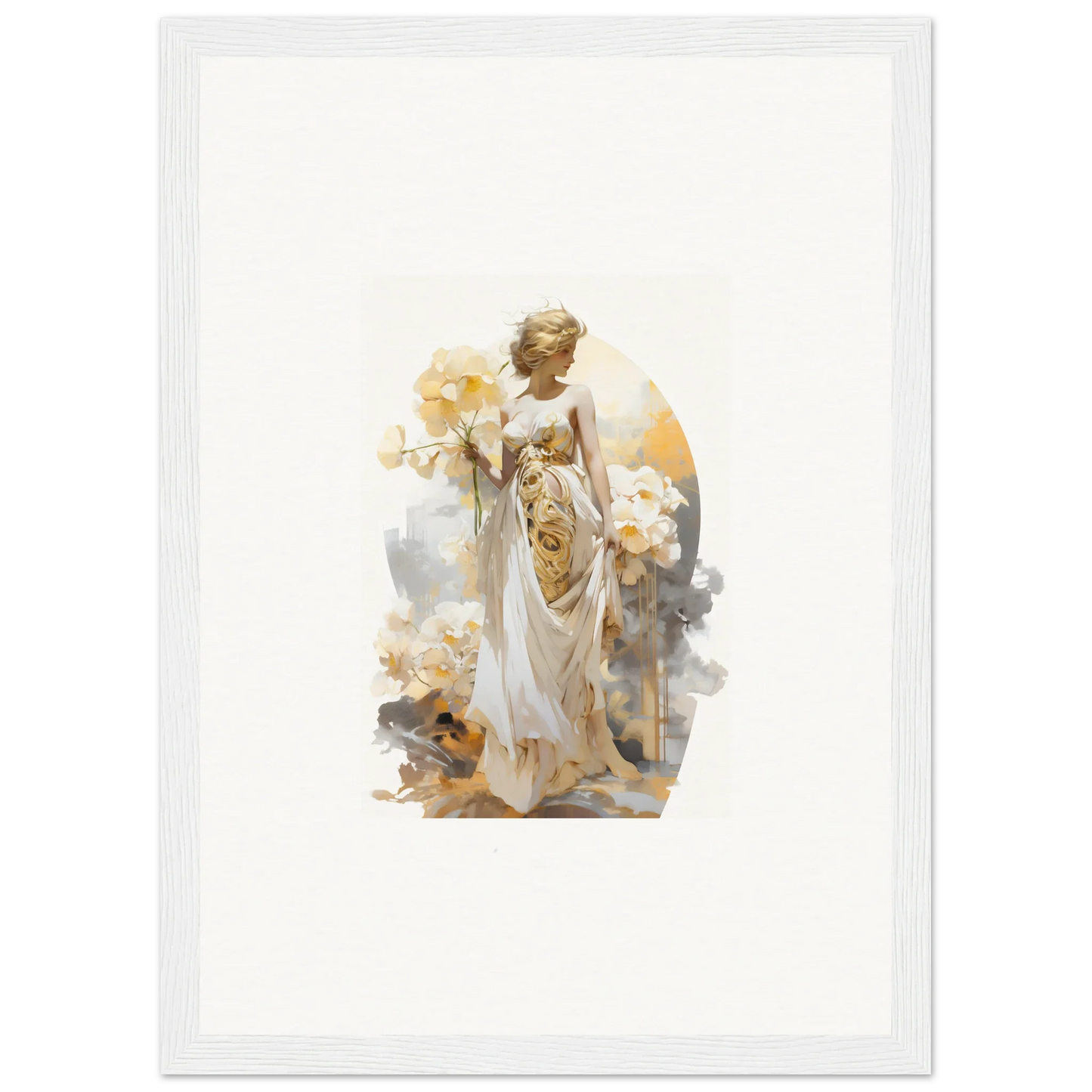 Ethereal female figure in white robes symbolizes Blossom Dream wall art for room decor